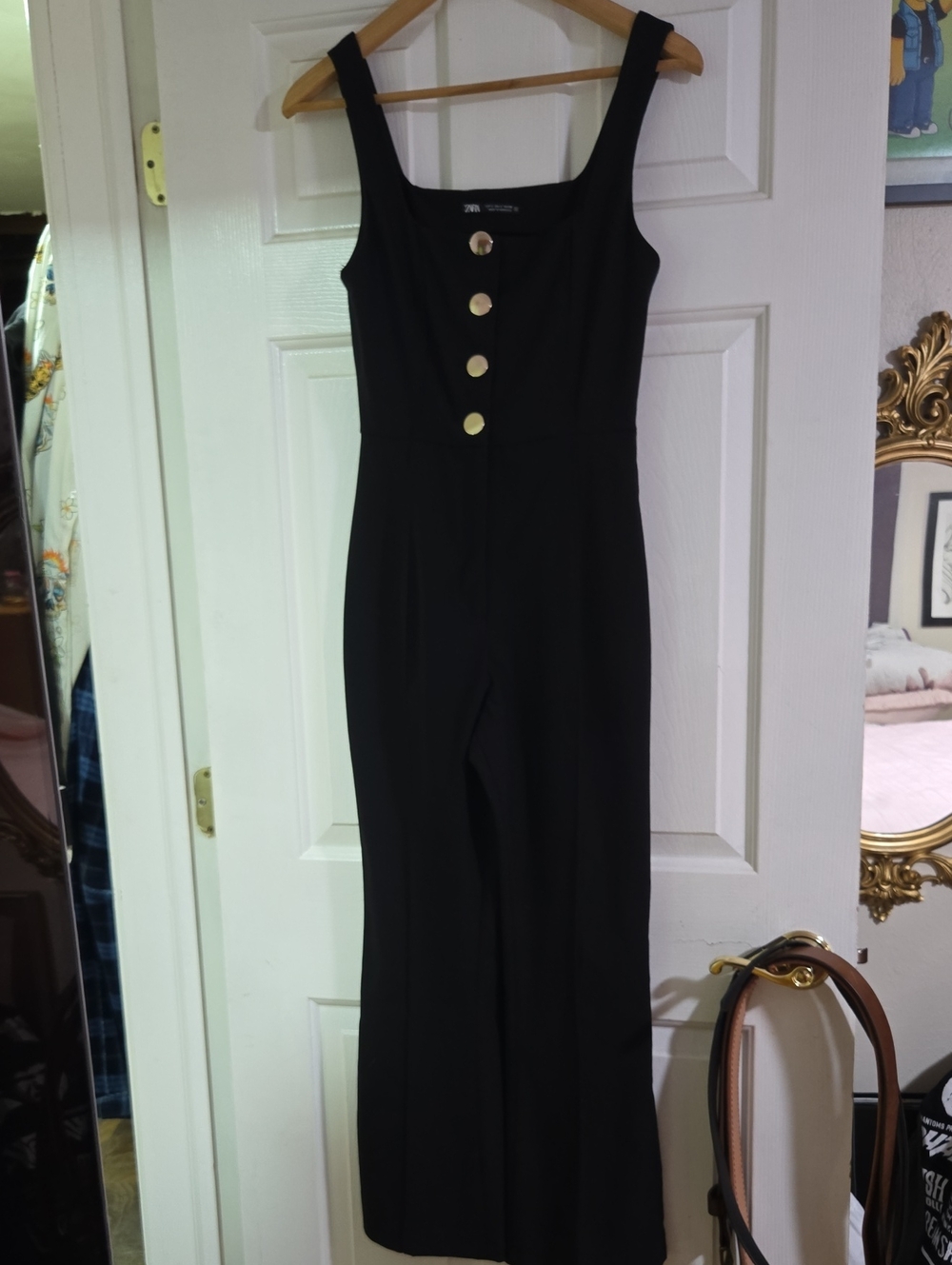Zara Black Sleeveless Wide-Leg Jumpsuit with Gold Buttons